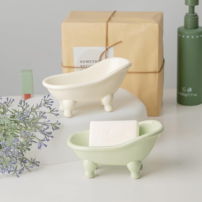 5.6" Ceramic Mini Bathtub Soap Dish Decortative Clawfoot Bathroom Soap Dish (Green Tea)