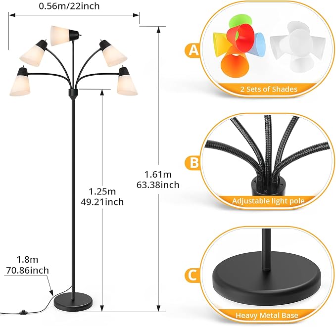 FOLKSMATE LED Floor Lamp, Medusa Multi Head Modern Tall, Rustic Adjustable Reading Standing Light for Living/Kids Room, Bedroom, Black
