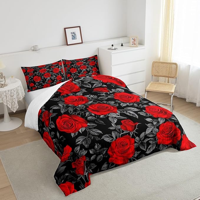 Castle Fairy Kids Red Flowers Comforter Set Twin Size,Rose and Grey Leaves Print Quilt Set for Kids Boys Bedroom Decor Xmas Gift,Gothic Floral Plant Theme Polyester Bedding Set with 1 Pillowcase