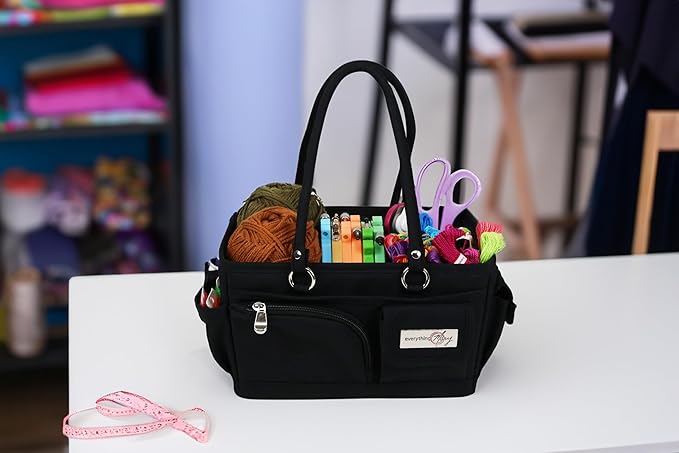 Everything Mary Junior Deluxe Store & Tote Organizer – Black Craft Tote with Handles – Collapsible Storage Caddy for Scrapbooking, Sewing, Art Supplies & DIY Creative Tools