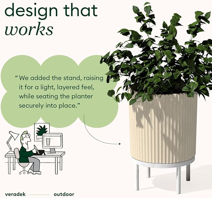 Veradek Demi Series Round Planter w/Stand for Porch/Patio | Durable Plastic-Stone Composite & Wooden Stand | Modern Décor for Tall Plants, Flowers