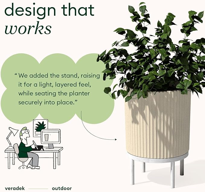 Veradek Demi Series Round Planter w/Stand for Porch/Patio | Durable Plastic-Stone Composite & Wooden Stand | Modern Décor for Tall Plants, Flowers