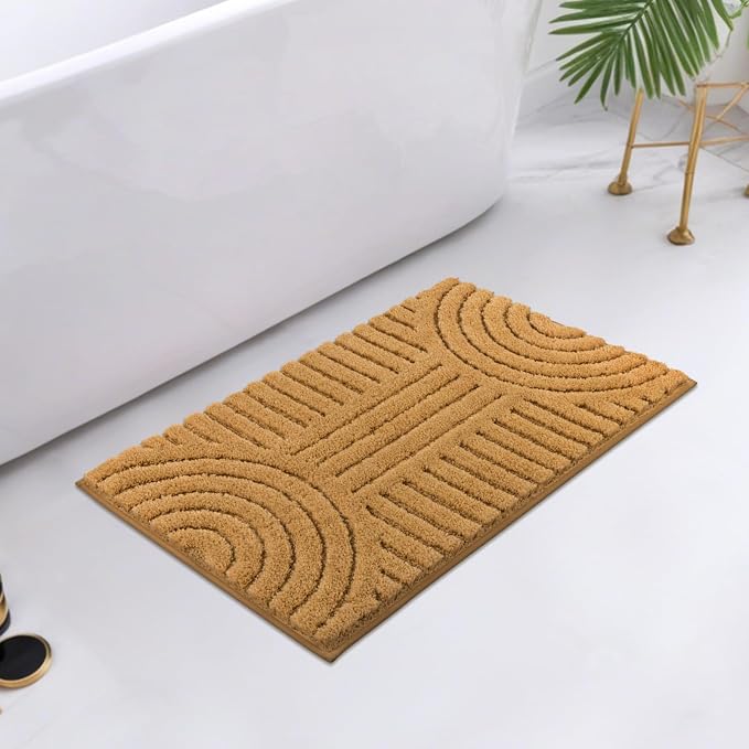 SHACOS Boho Small Bathroom Rugs, 16"x24" Extra Soft Absorbent Microfiber Bath Mats Home Decor Non Slip Carpet Machine Washable Shaggy Bath Rugs for Shower Bathtub Floor, Mustard 1'4" x 2'