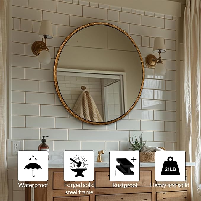 ANDY STAR 24 Inch Hand-Forged Round Gold Mirrors, Solid Steel Frame Antique Brass Bathroom Round Wall Mirror for Over Sink, Vanity Hammered Circle Mirror for Vintage, Farmhouse, Rustic