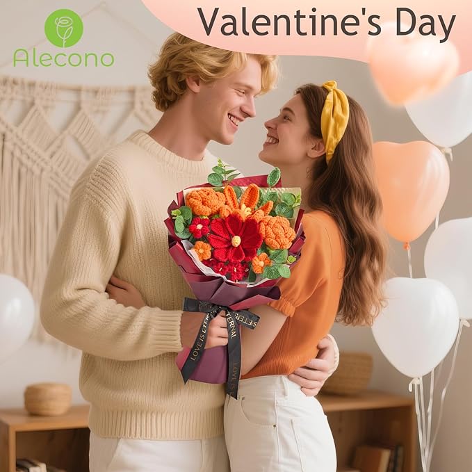 Alecono Crochet Flower Bouquet, Orange and Burgundy Knitted Flowers, Red Crochet Tulip Galsang Flower for Lover Anniversary Birthday Party Mother's Day Graduation Gifts (Include Card)