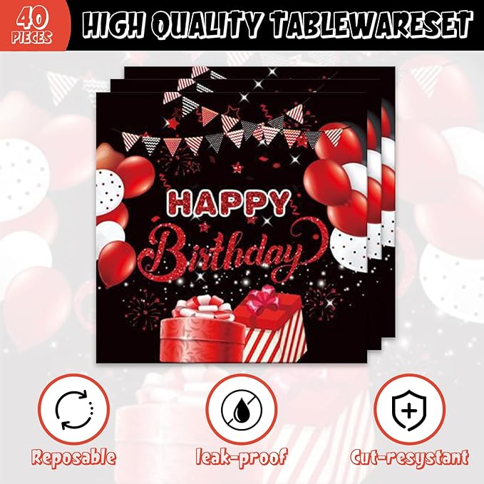 40Pcs Red and Black Birthday Decorations Happy Birthday Decorations for Men Women Black and Red Disposable Paper Plates and Napkins Set Party Supplies Serve 20