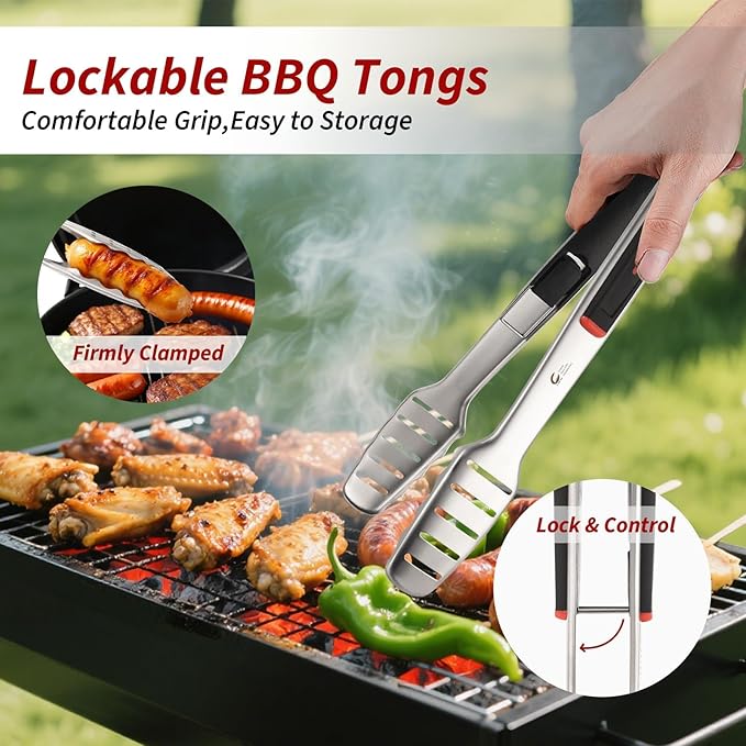 CuCut BBQ Tools Set, 4 PCS Heavy Duty Stainless Steel Spatula, Fork, Tongs with Portable Bag, Essential Accessories for Barbecue Outdoor Grill, Grilling Gifts for Men Dad Camp Chef