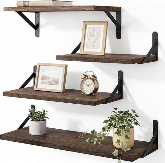 YGEOMER Floating Shelves for Wall, Different Sizes Dark Carbonized Brown Wall Shelves for Living Room, Bathroom, Bedroom, Kitchen, Home Decor (Set of 4)