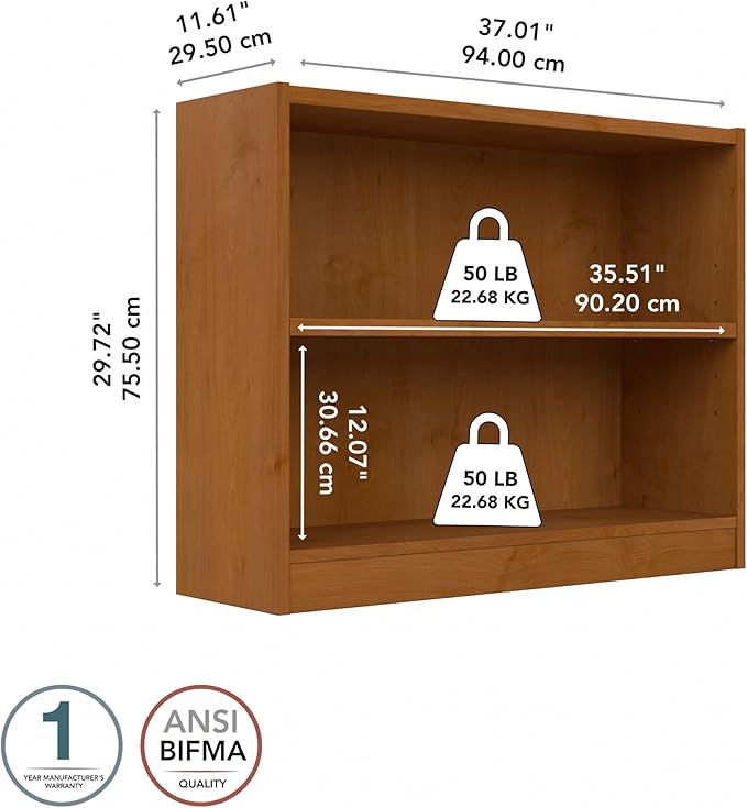 Bush Furniture Universal Small 2 Shelf Bookcase in Natural Cherry, Low Storage and Display Bookshelf for Home Office or Living Room Organization