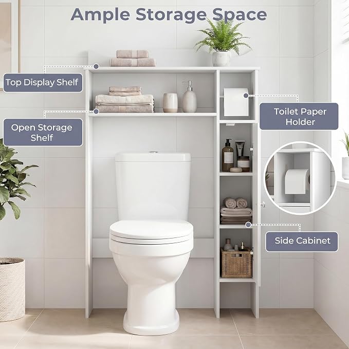 Tangkula Over The Toilet Storage Cabinet, Bathroom Above Toilet Cabinet with Toilet Paper Holder, Adjustable Shelves, Freestanding Space Saver, Bathroom Cabinet Organizer for Restroom, Laundry (White)