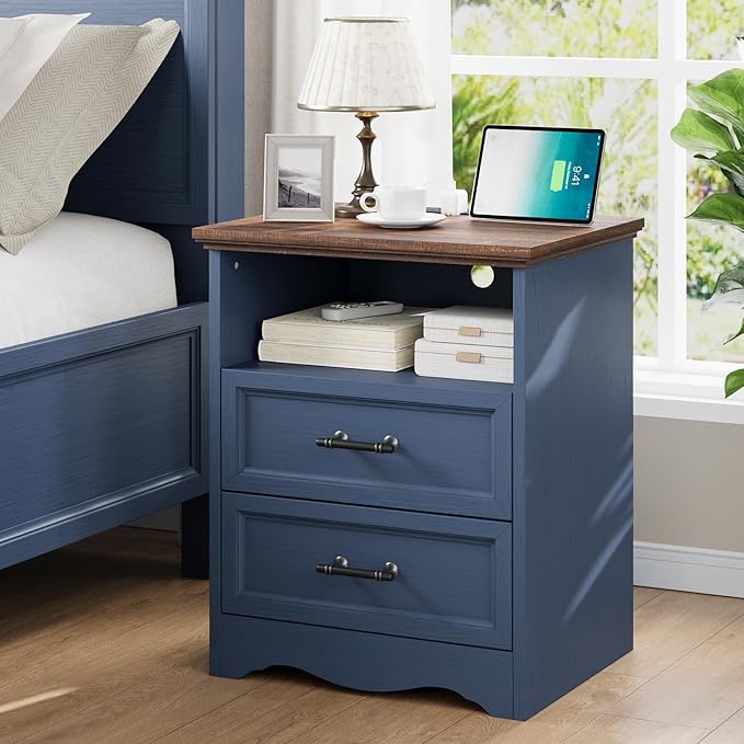 19.7" Nightstand with Charging Station, Farmhouse End Table with 2 Drawers Storage, Blue Wooden Night Stand, Bed Side Table with Open Shelf, Bedside Cabinet for Bedroom, Living Room