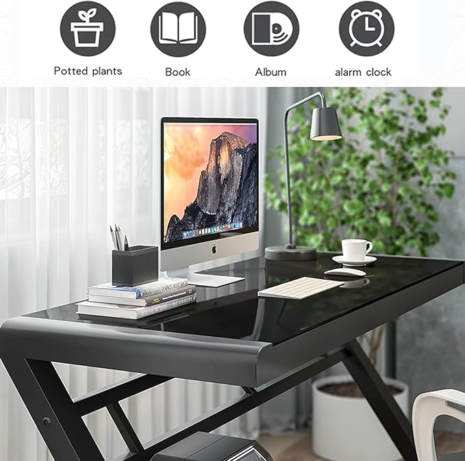 SAMERY Computer Desk & Gaming Desk, Home Office Desks 55.1 Inch- Modern Simple Writing Study Glass Computer Desk Home Office Desks Space-Saving Multipurpose Workstation with Metal Frame