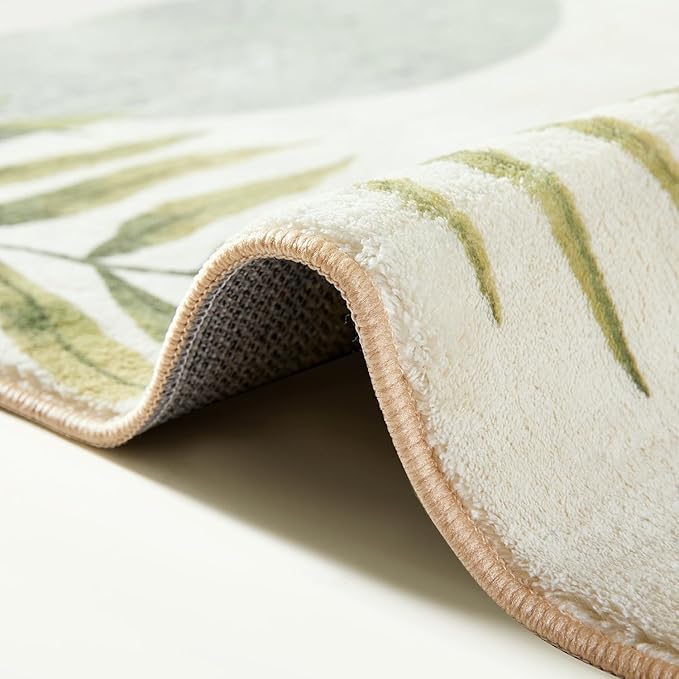 RoomTalks Mid Century Modern Washable Rug, Green Boho Cute Aesthetic 4x6 Area Rugs for Bedroom Dining Living Room Kitchen, Abstract Tropical Leaves Non Slip Thin Indoor Entryway Rug Throw Carpet