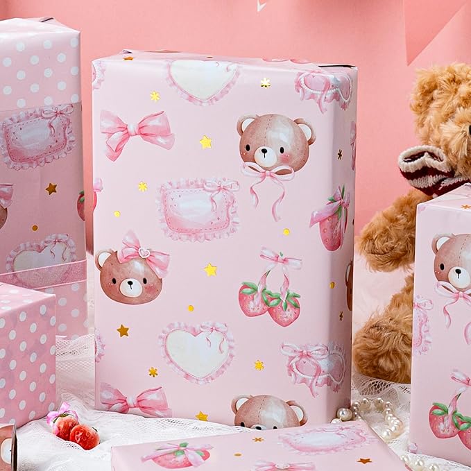 Burymento Pink Strawberries Bear Wrapping Paper, Reversible Dot Design Gift Wrap for Baby Shower, Birthday, Valentines, Mothers day, Graduation, Wedding, Fathers day, Christmas (17 Inch X 32.8 Feet)