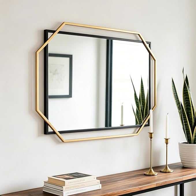 Bathroom Mirror, 40" x 28" Decorative Wall Mirror for Wall, Black and Gold Frame, Modern Metal Octagonal, for Living Room, Dining Room, Entryway
