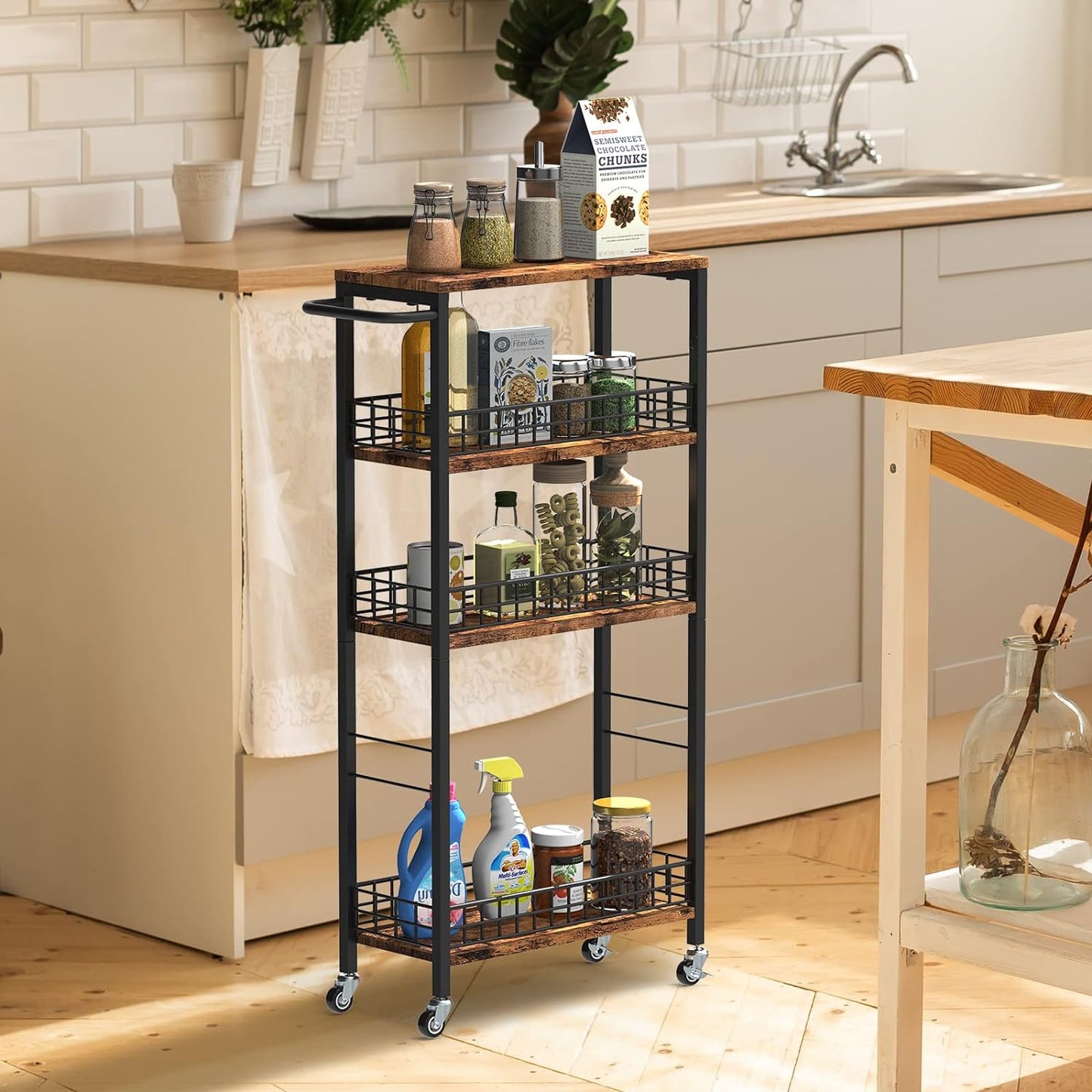 Skiennix Slim Rolling Kitchen Cart - 4-Tier Mobile Shelving Unit with Wood Top for Small Spaces | Brown