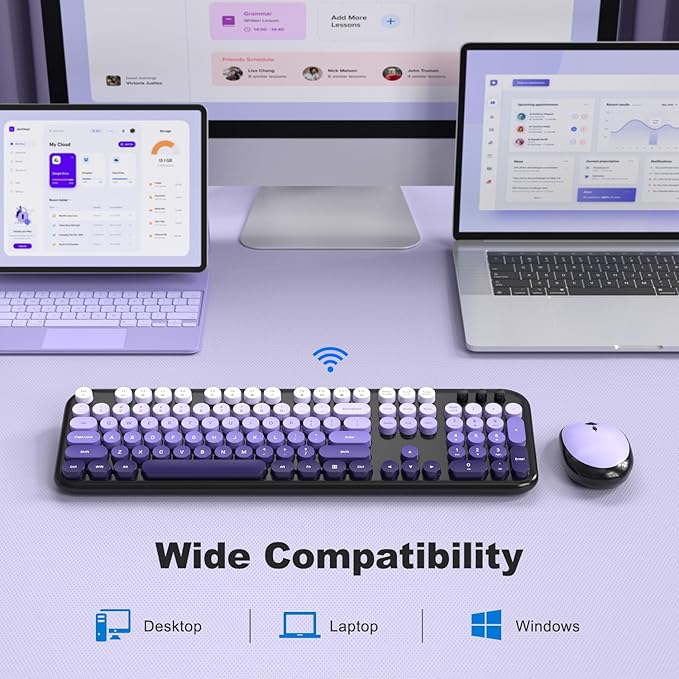 Wireless Keyboard and Mouse Combo, MOWUX Colorful Computer Full Size 2.4G Plug and Play Wireless Typewriter Keyboard and Mouse Set for Computer, Desktop, PC (Black Purple Gradient)