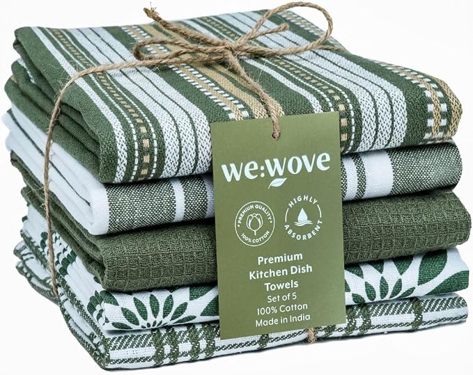 WeWove Assorted Kitchen Towels Set of 5-100% Cotton Dish Cloths Towels with Hanging Loop - Soft Absorbent Washable Reusable for Kitchen Use - Quick Drying 16x26 inch Dish Towels Green