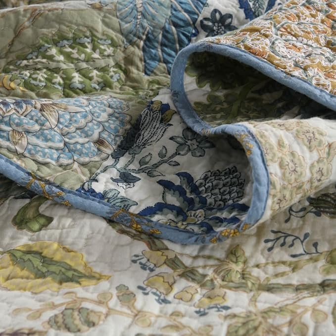 ENASAL Cotton Bedspread Quilt Sets Reversible Bedding Coverlet Sets Comforter, Patchwork Vintage Floral Paisley Farmhouse Pastoral Turquoise Bedspread, Queen Size