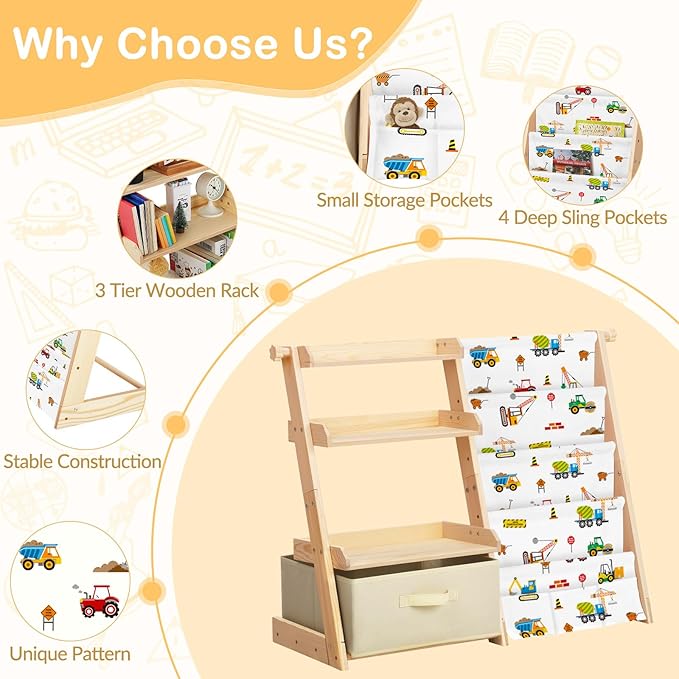 Kids Bookshelf and Toy Storage Organizer 2 in 1 Toddler Bookcase-4 Tier Book Shelf with Toy Box for Kids Room,Nursery,Playroom
