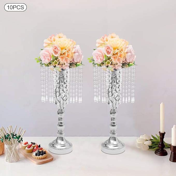 Vase | Bud Vases |10PCS Gold Crystal Flower Stands | Elegant Centerpiece for Weddings & Events | for Wedding Table Centerpieces, Aisle Guides, Party Decorations (Silver)