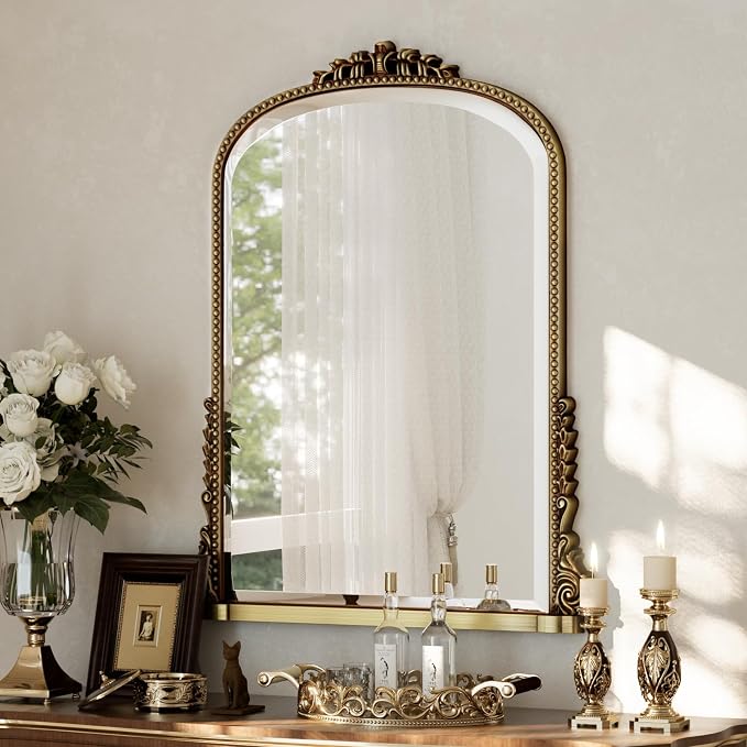 24"×32" Gold Wide Arched Wall Mirror, Vintage Carving Bathroom Vanity Makeup Mirror, as Wall Decor Hanging Leaning for Fireplace Mantle, Living Room, Bedroom, Vanity Area