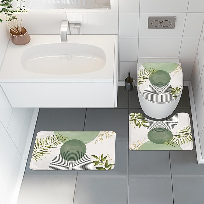 4 PCS Sage Green Boho 72Wx72H Shower Curtain Set Modern Leaves Mid Century Plant Bath Rug Toilet Lid Cover Nonslip U Shape Mat Quick Dry Rubber Backed Dirt Resistant Accessories Bathroom Decor