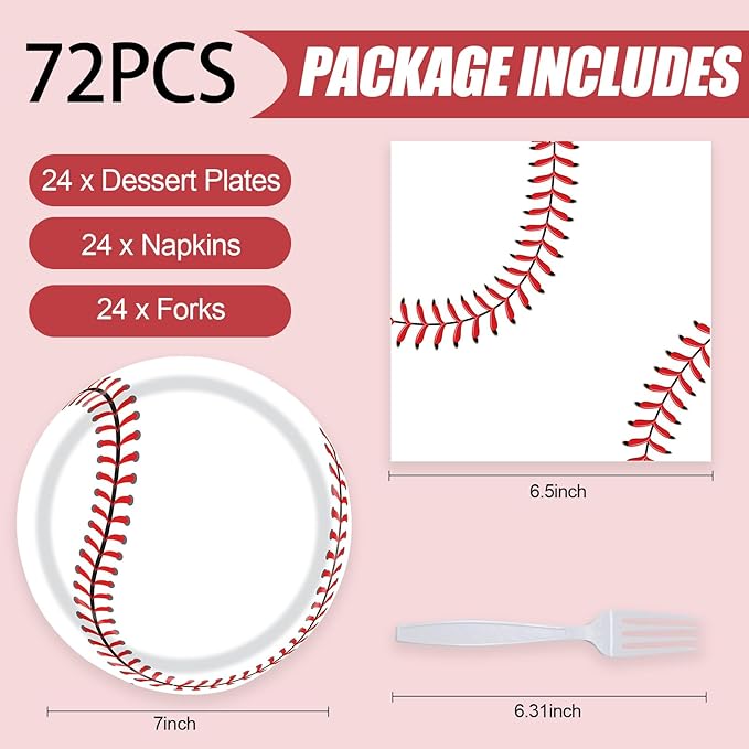 72 Pcs Baseball Paper Plates and Napkins - Disposable Party Plates and Napkins Tableware Set for Sports Theme Birthday Party, Baby Shower - Serves 24