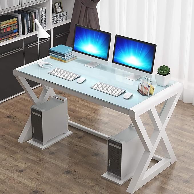 SAMERY Computer Desk & Gaming Desk, Home Office Desks 55.1 Inch- Modern Simple Writing Study White Glass Computer Desk Space-Saving Multipurpose Workstation with Metal Frame…