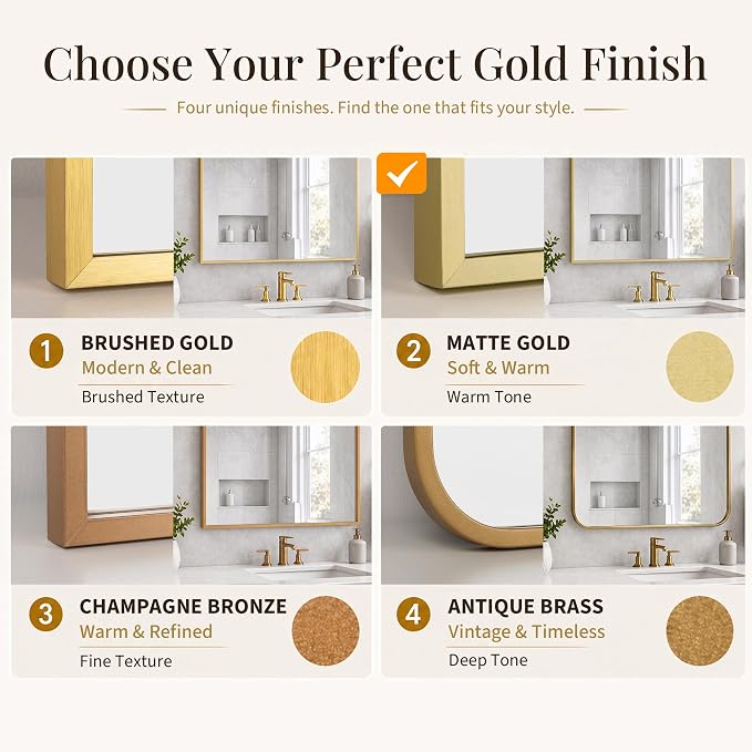 24"x36" Gold Bathroom Mirror for Wall, Shatterproof Tempered Glass, Champagne Gold Tone Rectangle Narrow Frame, H/V Wall-Mounted, Ultra-Flush