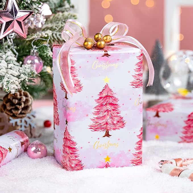 MAYPLUSS Christmas Wrapping Paper Roll, 17IN X 16.5FT Pink Gift Wrapping Paper Featuring Christmas Tree Little Star Reversible Cut Lines for Kids Holiday New Year