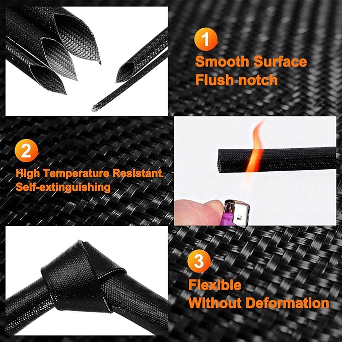MECCANIXITY 49ft Braided Cable Sleeve, 1/8" ID 200C High Temperature 1500V Fiberglass Wire Insulation Cord Protector Organizer Wires Management for Motor Engine Fuel Line, Black