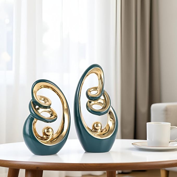 Teal Ceramic Abstract Sculpture Statue,Mid Century Modern Gold Accent Decor,Porcelain Statues Art Deco Gold Show Piece for Home - Contemporary Tv Stand End Table Centerpieces (Green Gold)