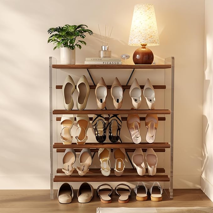 YQJJGL Free Standing Shoe Rack & Closet Shoe Shelf, for Entryway Small Space, Front Door, Garage, 4-Tier Slanted, Solid Wood & Acrylic Frame with Top Shelf Storage