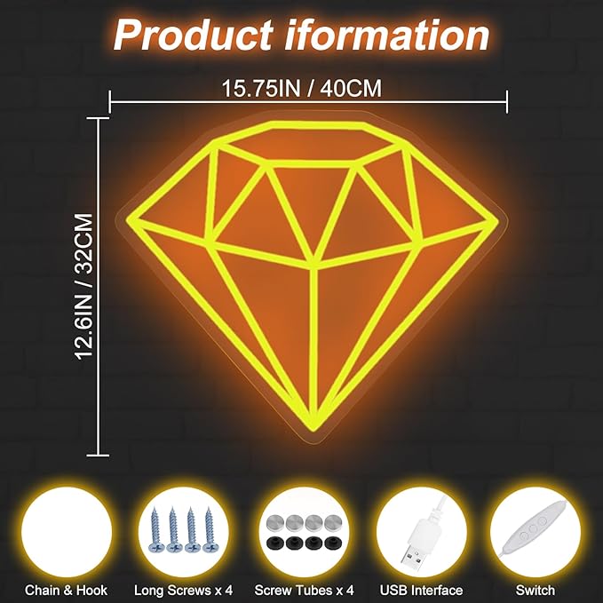 Diamond Neon Sign for Wall Decoration, Glowing Neon Sign, Adjustable Brightness Shining LED Sign Night Light for Man Cave Bedroom, Wedding, Living Room, Party, Bar, Office Decoration-Gold