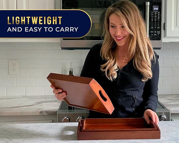 Comfify Dark Brown Bamboo Serving Trays with Handles – Set of 3 Nesting Ottoman Trays for Coffee Table, Breakfast, Food Serving & Home Decor – Rich Walnut-Tone Wood Tray for Kitchen & Living Room