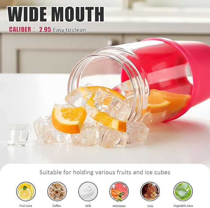 Glass Tumbler with Carry Handle, Clear Glass Water Bottle with Leakproof Lid, Spout Lid&Straw, BPA-Free, 32 oz, Bright Pink
