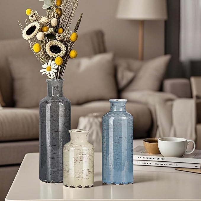 Ceramic Vase Set of 3, Small Flower vase for Home Decoration, Rustic Farmhouse Table Shelf, Entrance Decor, ice Crackle Vintage vase for Living Room & Dining Table Centerpieces Multicolor