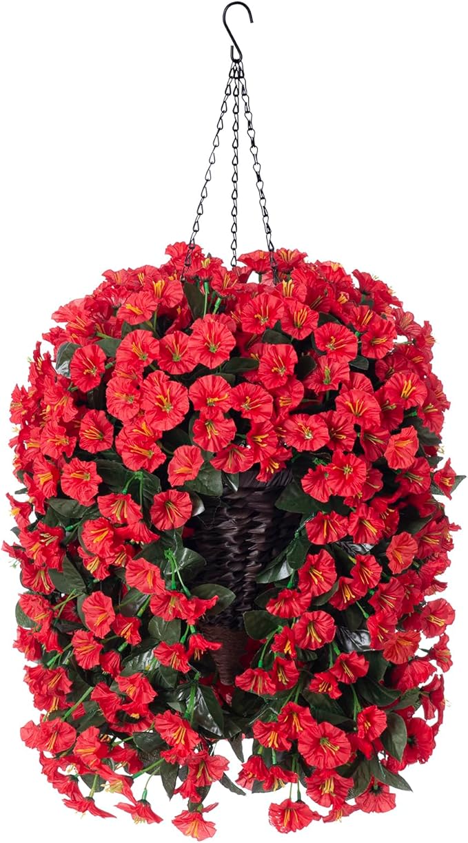 HyeFlora Artificial Fake Red Hanging Flowers Plants Baskets for Outdoor Winter Christmas, Faux Silk UV Resistant Look Real Morning Glory Vines for Outside Porch Patio Balcony Garden Yard Home Decor
