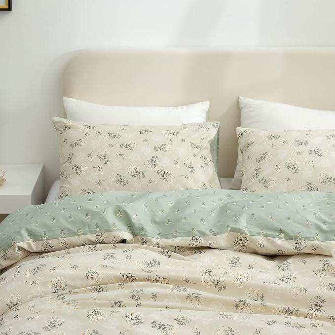 Floral Queen Comforter Set 3 Pieces Soft Chic Garden Style Green Floral Print Lightweight Botanical Flower Comforter Set for All Seasons 1 Comforter and 2 Pillowcases