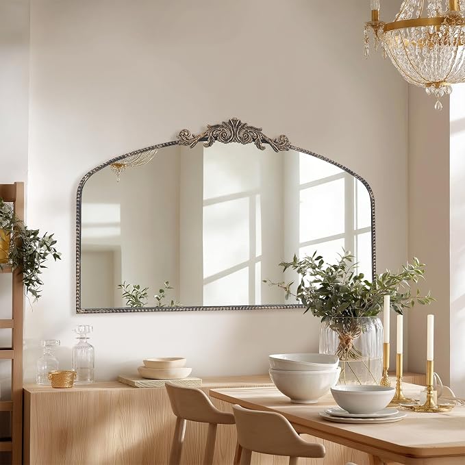 Vintage Black Arched Mirror 48"X30", Large Antique Baroque Mantel Wall Mirror with Black Brush Gold Metal Ornate Frame for Entryway/Fireplace/Living Room/Hallway/Bathroom/Bedroom