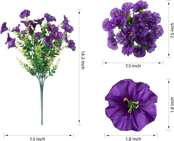 HyeFlora Artificial Flowers for Outdoors Fake Plants Outside Decoration, 12 Bundles Silk Colorful Morning Glory with Eucalyptus UV Resistant Realistic Faux Flowers for Planter Porch Patio Yard Garden