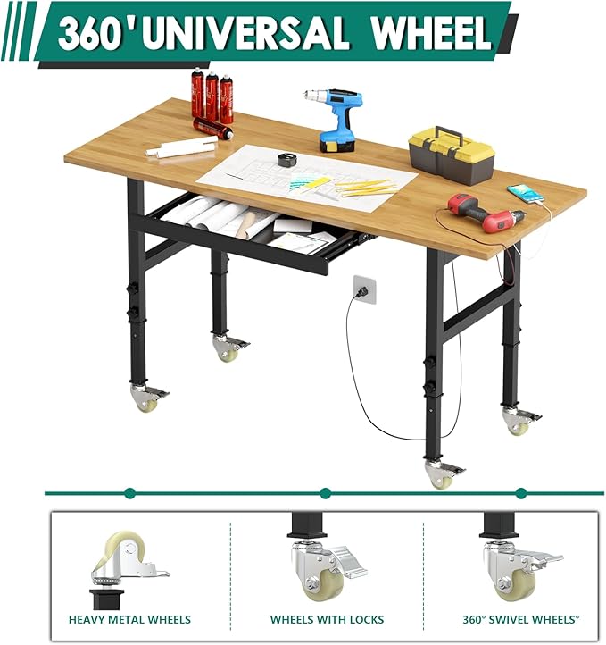 Adjustable Heavy Duty Workbench with Drawers,Rubber Wood Top Working Table, 2500 LBS Load Capacity with for Workshop and Office,etc.