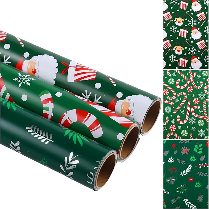 Miss DuiDui Green Christmas Wrapping Paper, 3 Rolls, 17 inch x 9.8 feet, Candy-Canes Santa Design for Girls Boys Kids, Christmas, Party, Holiday