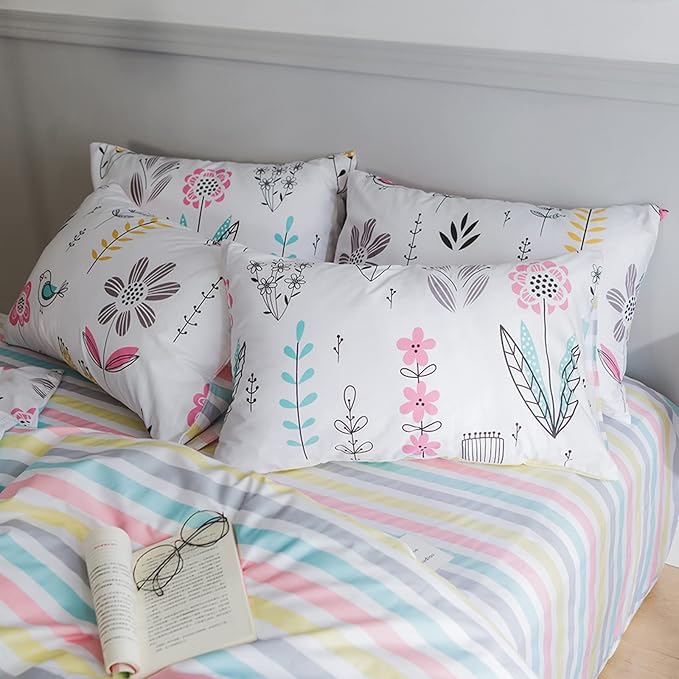 HighBuy Floral Duvet Cover Twin Bedding Set 3 Piece White Bedding Sets Cotton Garden Boho Aesthetic Comforter Cover for Boys Girls Kids Reversible Striped Bedroom Collections,Style03
