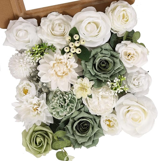 Artificial Flowers Combo Box Set Fake Flowers Dahlia White Roses Green Leaf with Stems for DIY Wedding Bouquets Baby Shower Party Home Decoration
