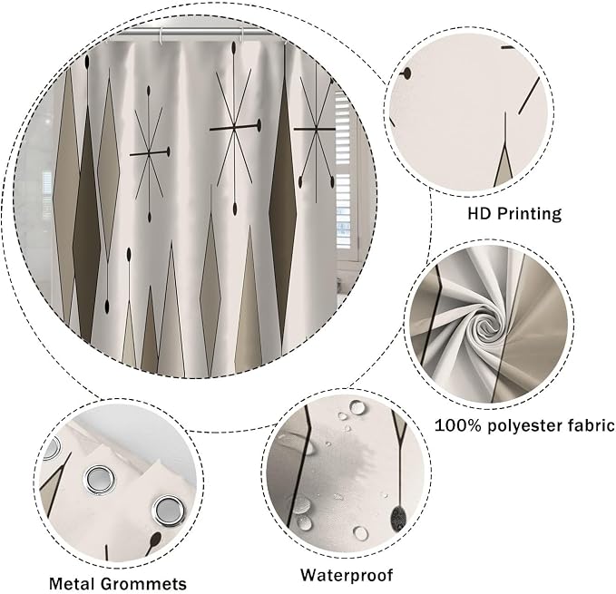 Boho Light Grey Brown Shower Curtain Abstract Mid Century Diamond Geometric Atomic Starburst Pattern Beige for 1950s Retro Bathroom Decor Shower Curtain Set with 12 Hooks, 69x70 Inches