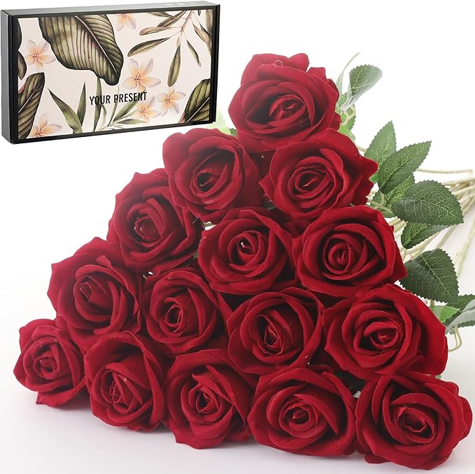 15Pcs Pearl Red Roses Artificial Flowers Fake Roses Long Stem Velet Rose Silk Flowers for Home Wedding Decoration (Pearl Roses,Deep Red)