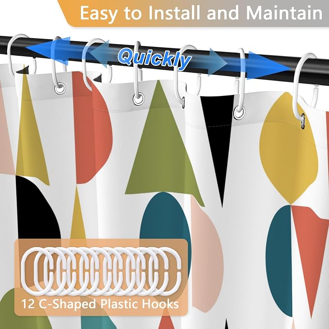 Colorful Rainbow Mid Century Shower Curtain for Bathroom, Waterproof Machine Washable Polyester Fabric Shower Curtain with 12 Hooks, Modern Boho Abstract Geometric Art Decor Bath Curtains, 72x72 Inch