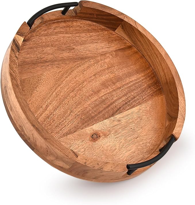 Tray Acacia Wood Round Serving Tray with Iron Handles for Coffee Table Decor Centerpiece Kitchen Counter (12" X 12" X 1.6")